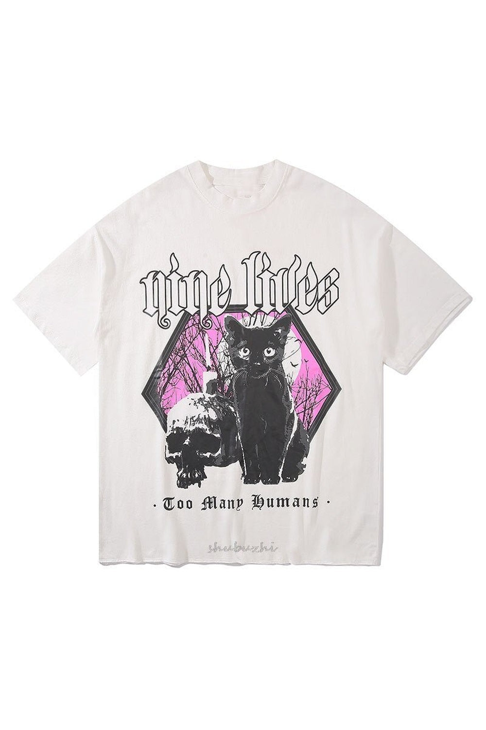 Gothic Funny Print T-shirt in Black, whimsical design.