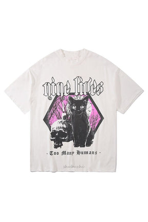 Gothic Funny Print T-shirt in Black, whimsical design.