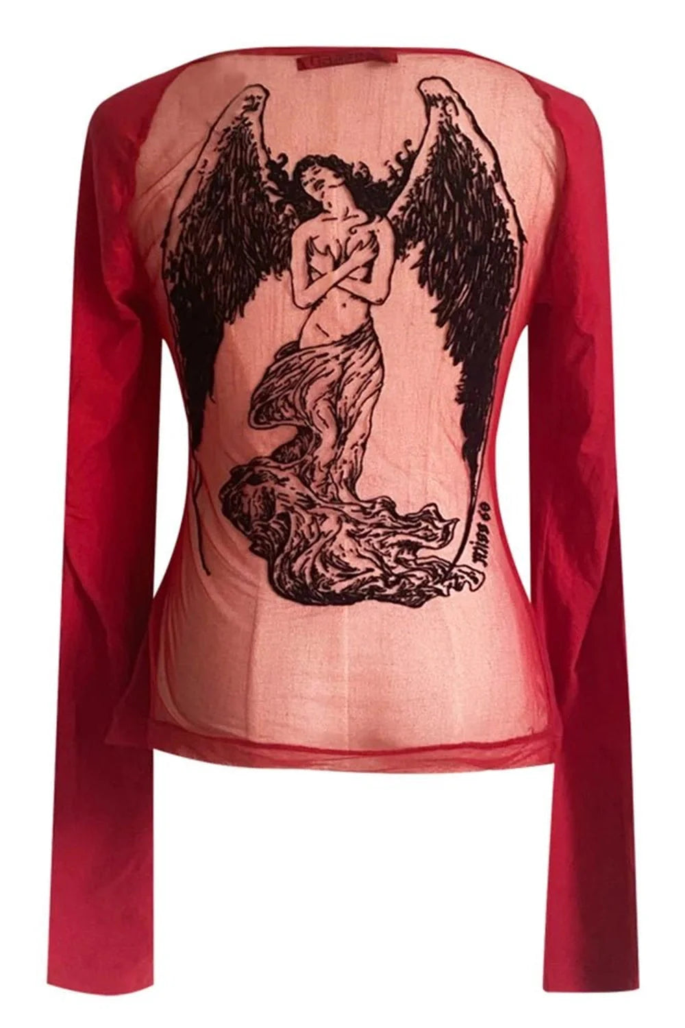 Red Gothic Graphic Gauze Crop Top, edgy style.