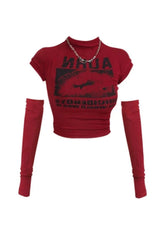 Red Gothic Graphic Mock Neck Crop Top.