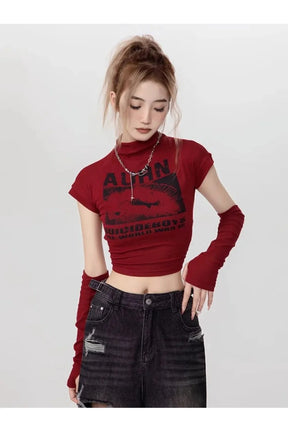 Red Gothic Graphic Mock Neck Crop Top.