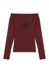 Off-shoulder crop top in burgundy, gothic style.