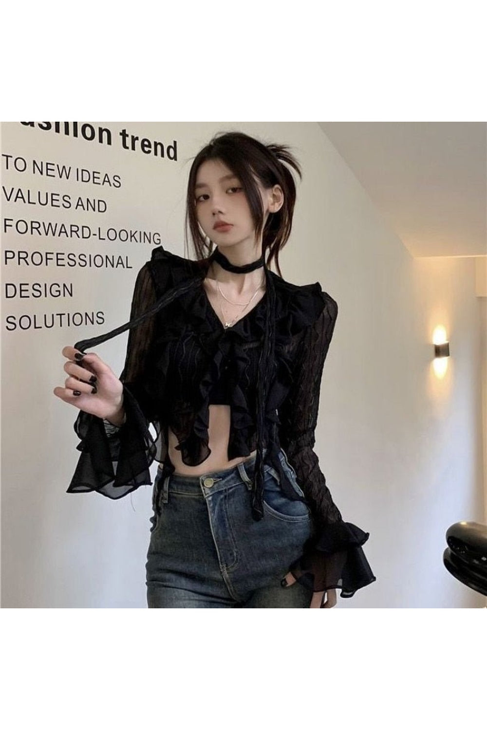 Black Gothic Lace Crop Top Blouse, elegant and edgy.