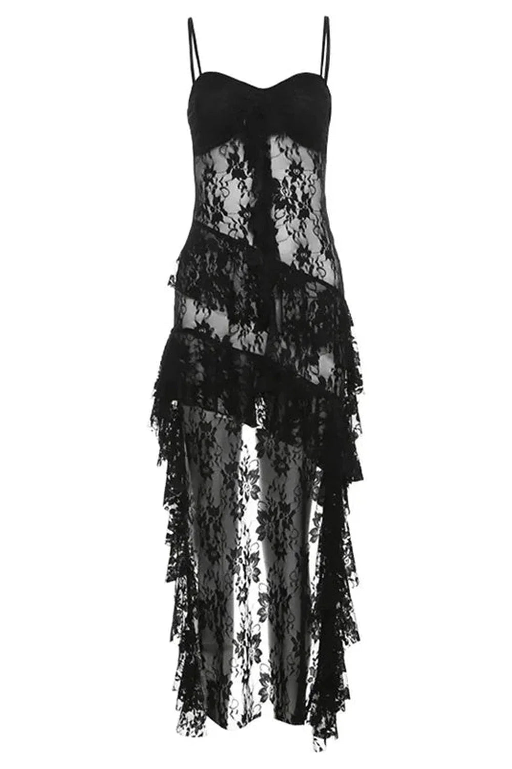 Elegant Gothic lace high-low corset dress in black.