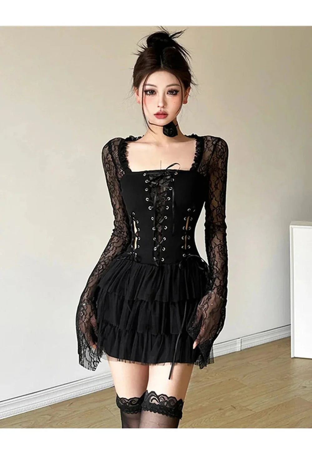 Black Gothic Lace Tiered Mini Dress - Elegant.