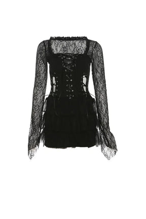 Black Gothic Lace Tiered Mini Dress - Elegant.