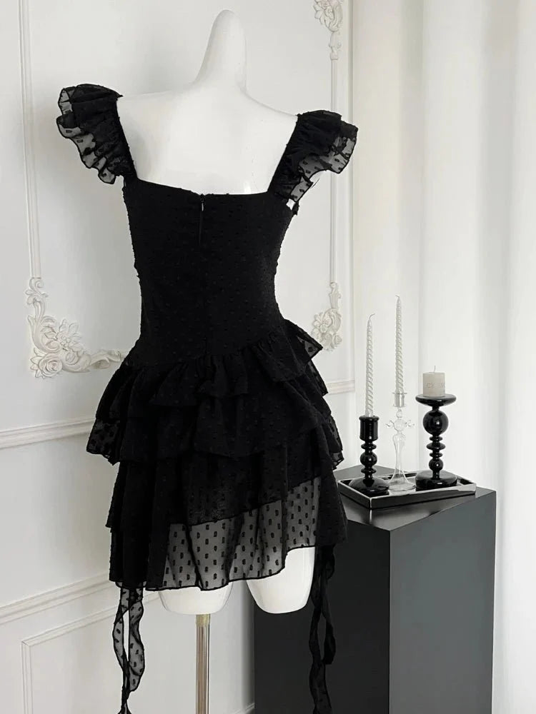 Black Gothic Lace Tiered Mini Dress - Elegant.