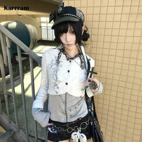 Layered Gothic Lolita Cardigan in Grey White Style.