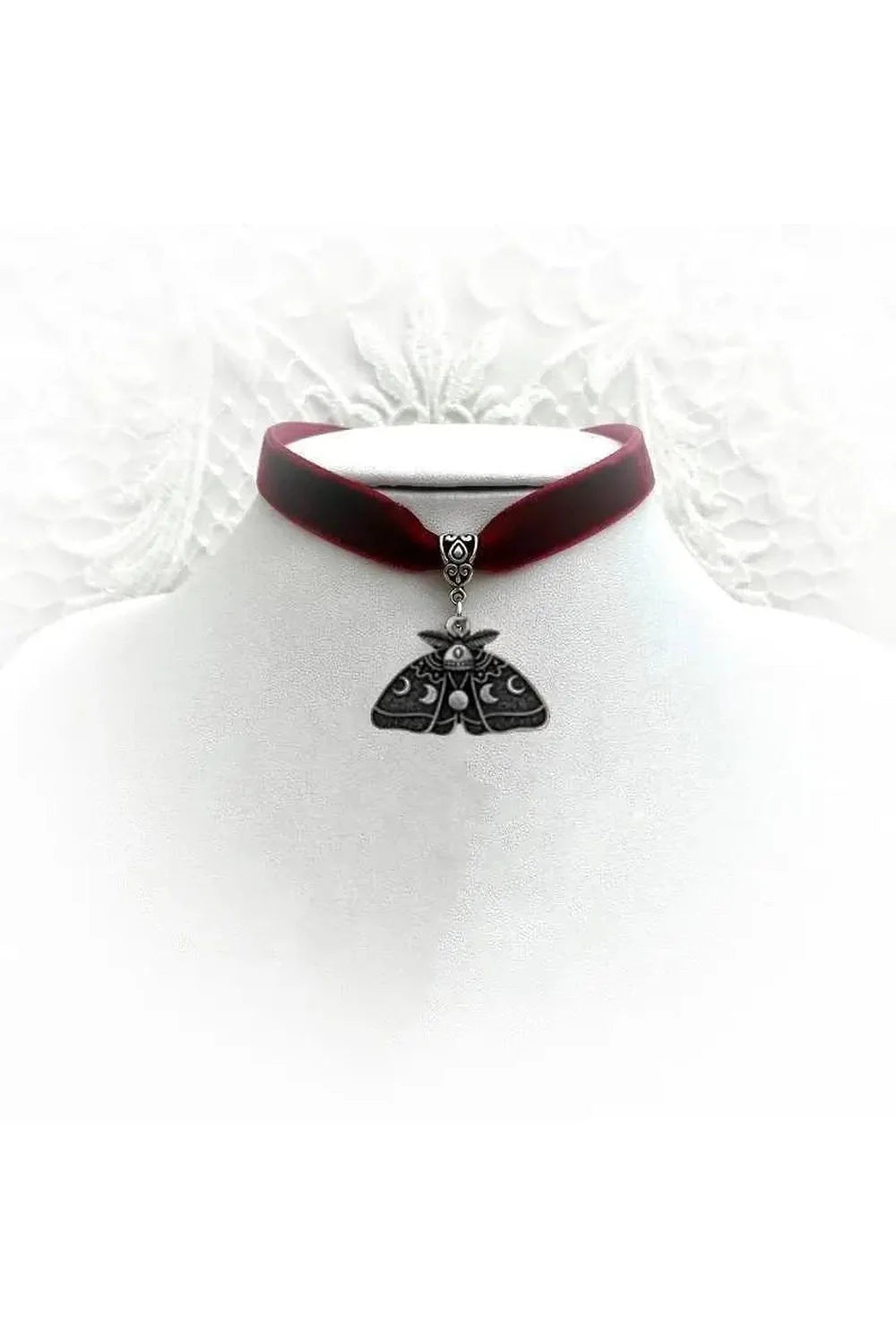 Black bead necklace with Gothic Luna Moth motif.