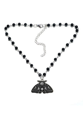 Dark Gothic Luna Moth Necklace A, featuring black beads.