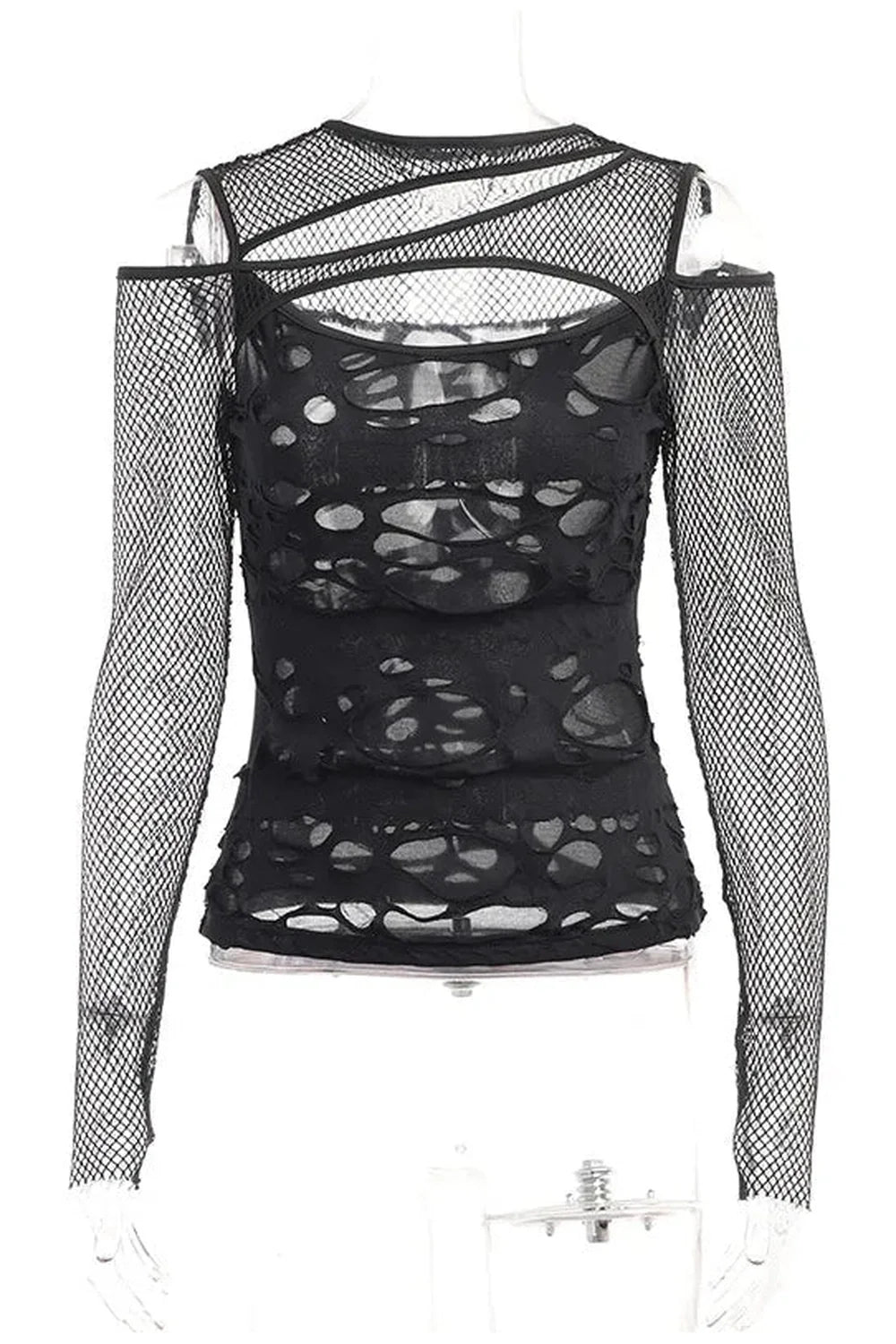 Sheer black Gothic fishnet blouse with mesh holes.