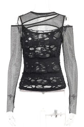 Sheer black Gothic fishnet blouse with mesh holes.