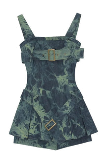 Green Gothic Mini Denim Dress with flair.