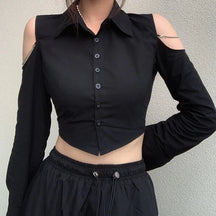 Stylish Gothic Off-Shoulder Crop Shirt in black lace.