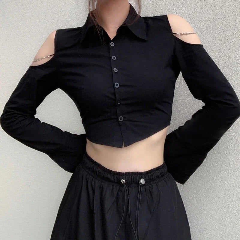 Stylish Gothic Off-Shoulder Crop Shirt in black lace.