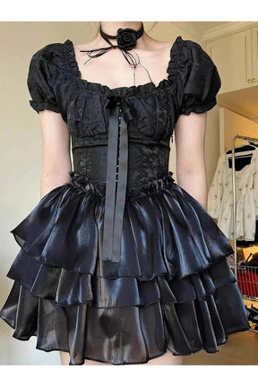 Black Gothic Princess Puff Sleeve Dress with elegance.