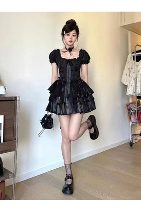 Black Gothic Princess Puff Sleeve Dress with elegance.