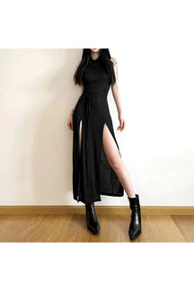 Black Gothic Punk Hollowed Midi Dress, edgy style.