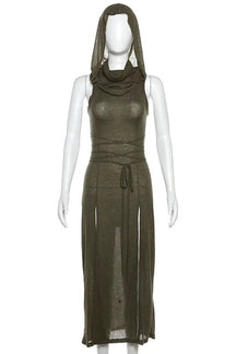 Army green Gothic Punk Hollowed Midi Dress. Striking.