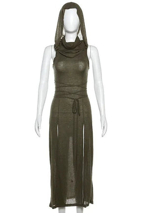 Army green Gothic Punk Hollowed Midi Dress. Striking.