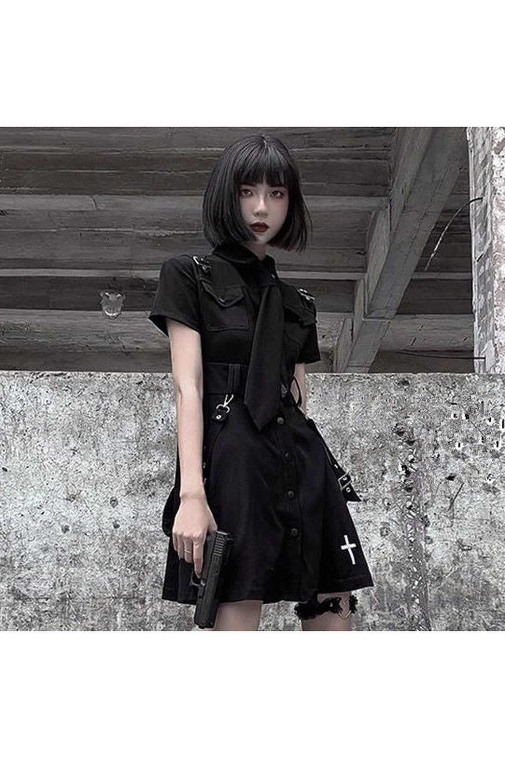 Edgy Gothic Punk Shirt Dress in Black And Tie.