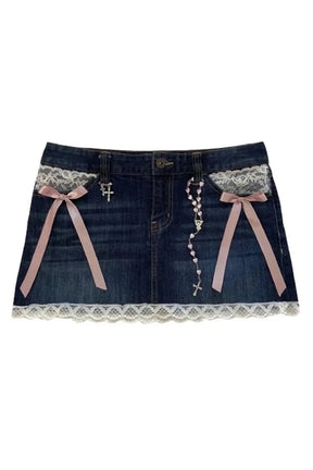 Gothic Rivets Denim Skirt variant 2, edgy embellishments.