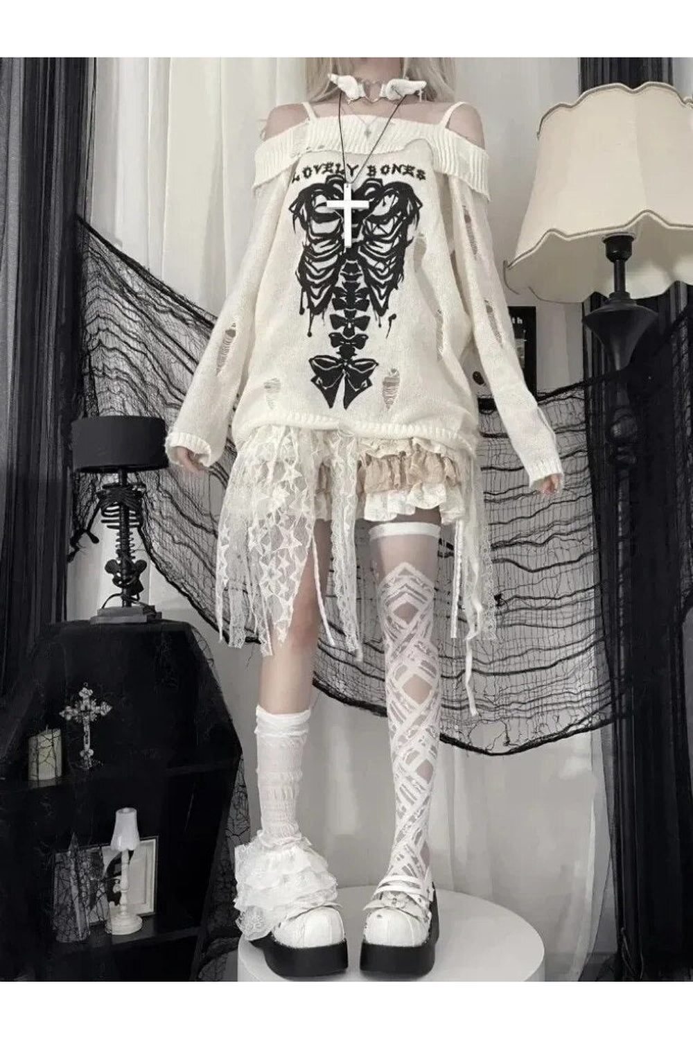 Fall Gothic Skull Off-Shoulder Sweater