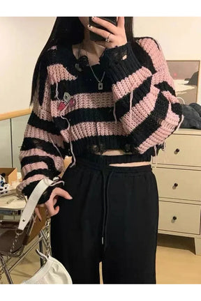 Gothic Striped Crop Knit Pullover