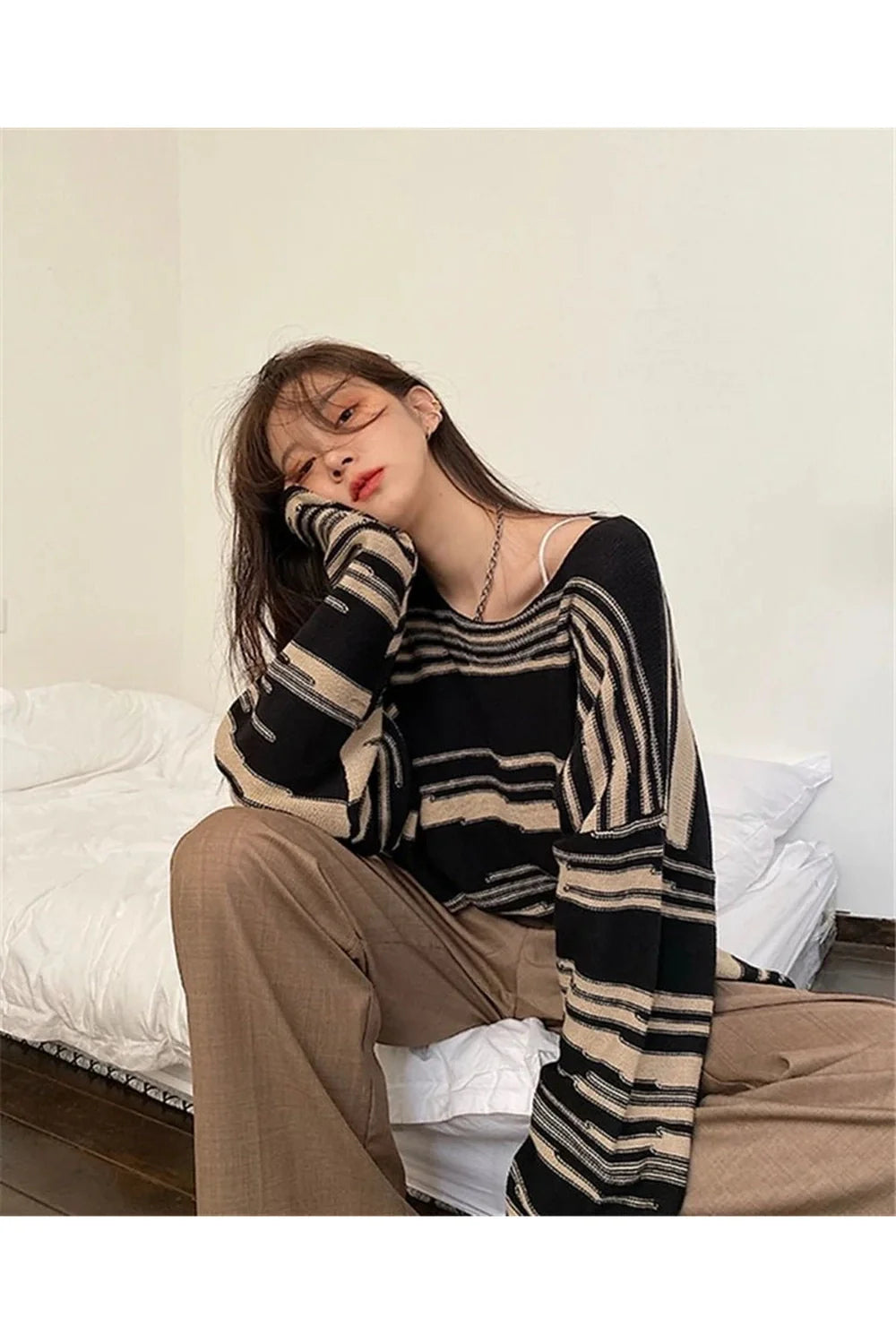 Fall Korean Striped Long Sweater