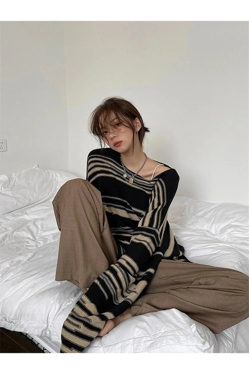 Cozy Fall Korean Striped Long Sweater in stripe.