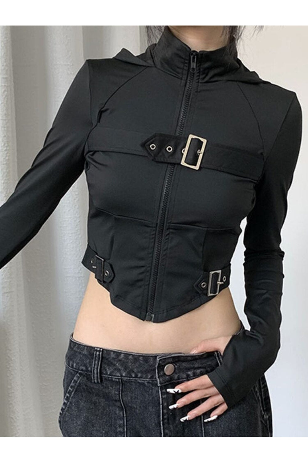 Edgy Gothic Techwear Corset Crop Top in Black.