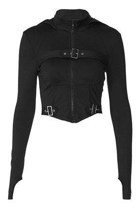 Edgy Gothic Techwear Corset Crop Top in Black.