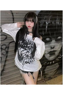 Stylish Graffiti Nights Off-Shoulder Sweater in WHITE.