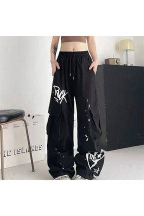 Black Graffiti Street Cargo Pants, urban-inspired style.