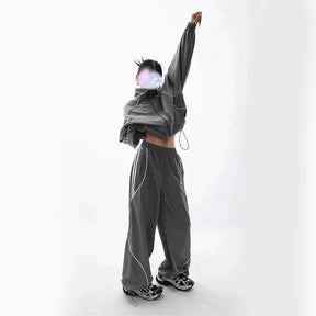 "Gray Wave Piped Jogger Set Jacket: Stylish comfort."