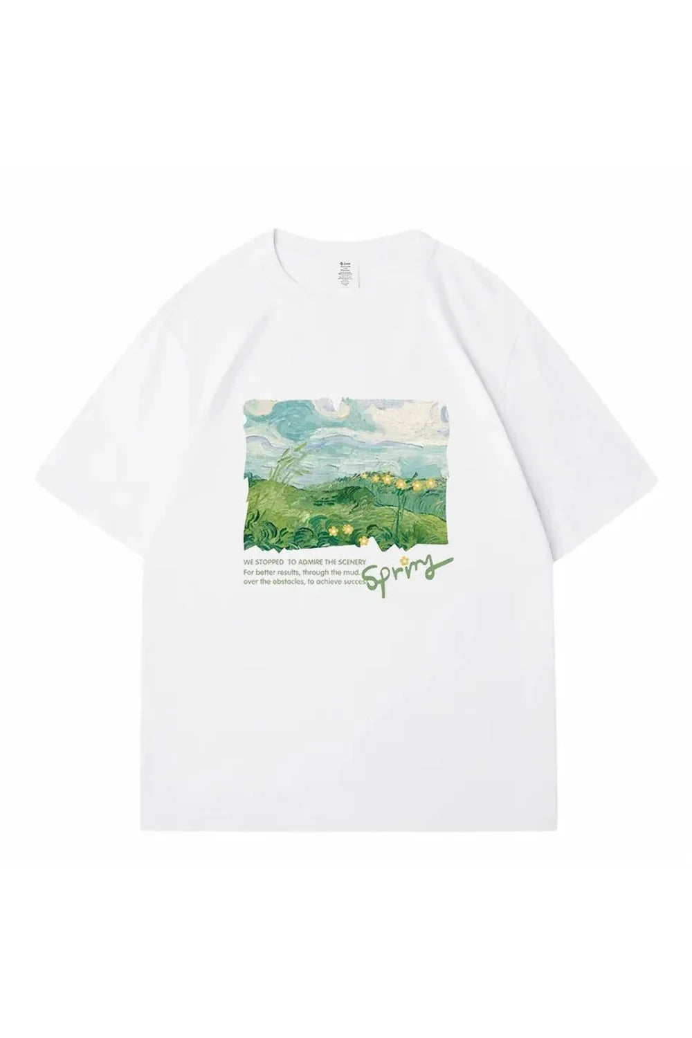 White Green Print Oversized Street T-shirt. Casual and stylish.