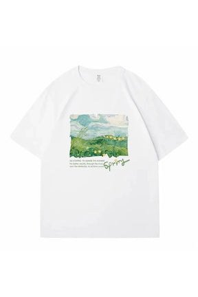 White Green Print Oversized Street T-shirt. Casual and stylish.