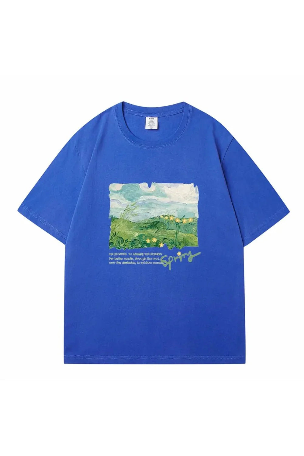 Blue oversized street t-shirt with green print.