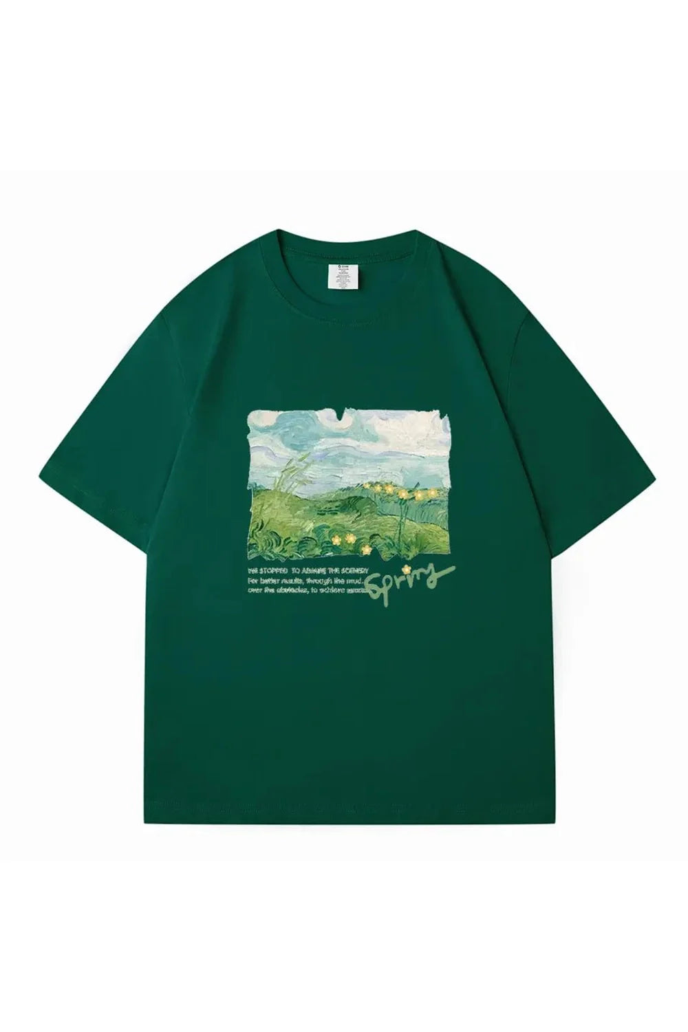 Oversized dark green street tee with print.