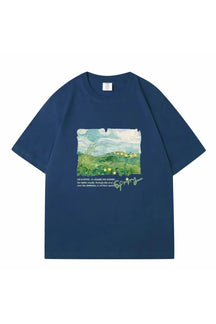 Oversized navy blue T-shirt with green print.