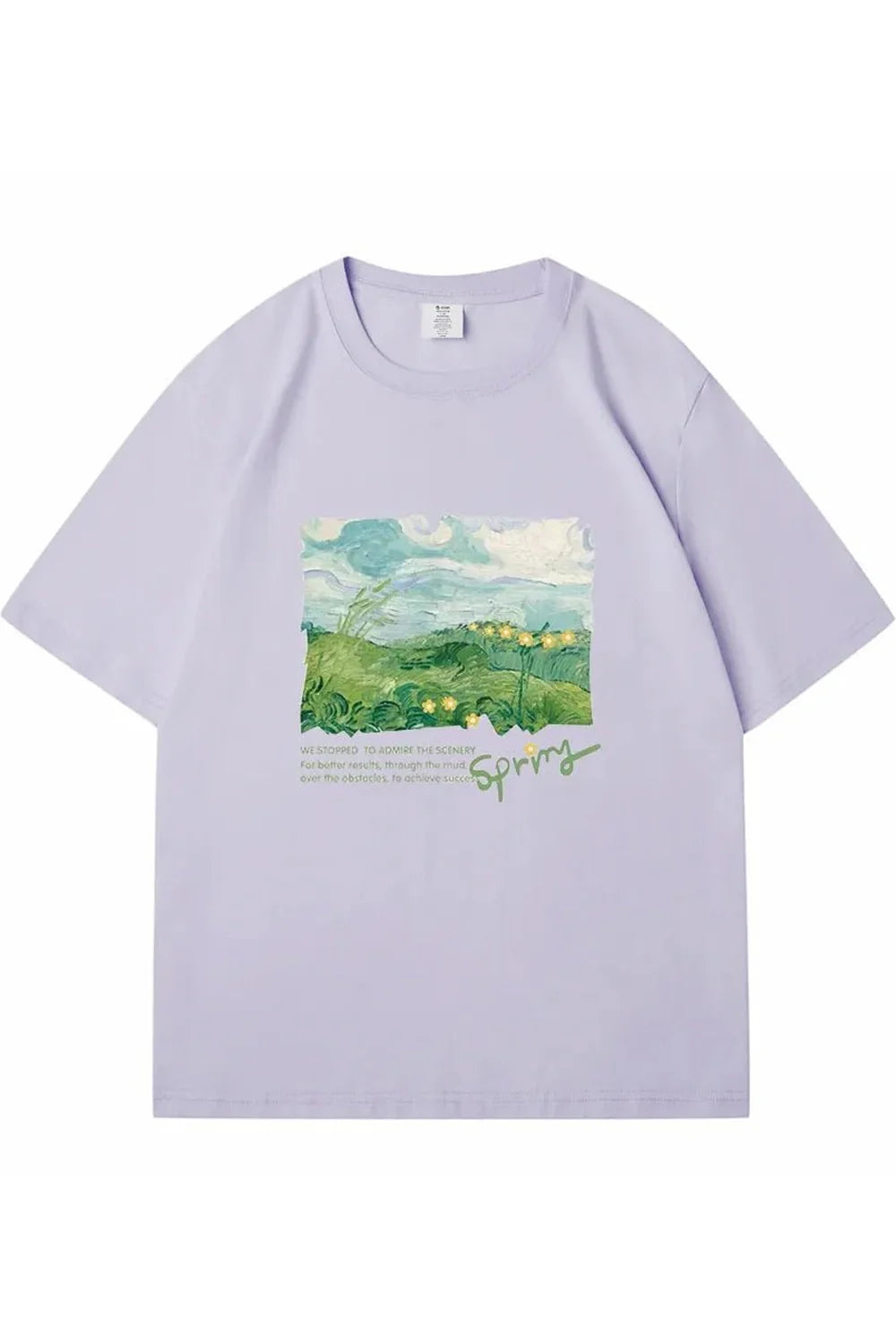 Oversized street tee in lavender with green print.