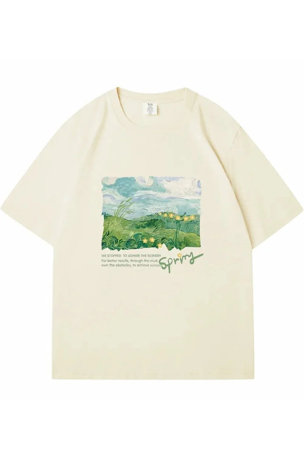 Green Print Oversized Street T-shirt in Beige, casual.