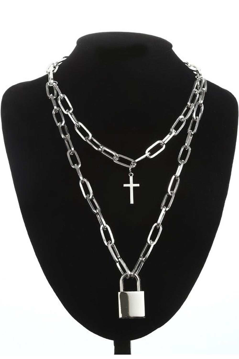 Silver Grunge Aesthetic Cross Necklace, edgy fashion accessory.