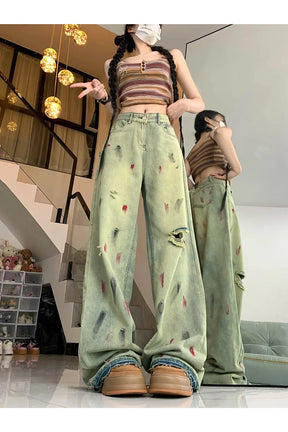 Fall Grunge Art Splatter Wide-Leg Jeans