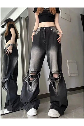 Fall Grunge Buckle Wide-Leg Jeans