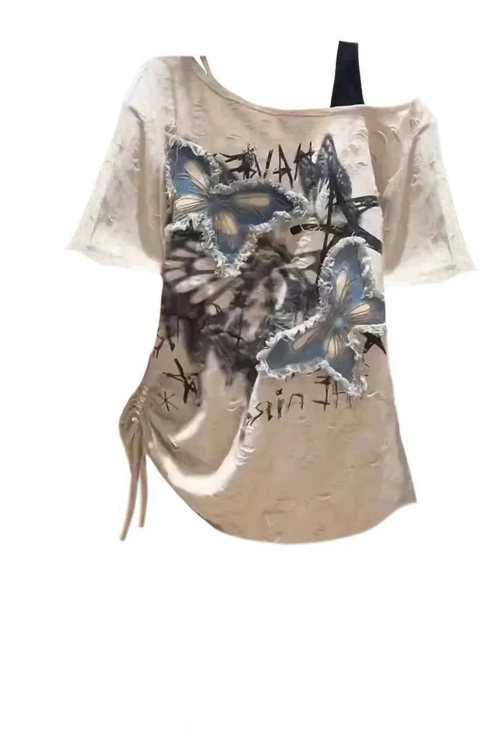 Asymmetrical T-shirt with grunge butterfly design in Picture Color.