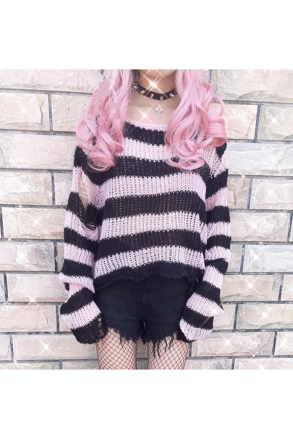 Pink short Grunge Candy Striped Sweater with edgy charm.