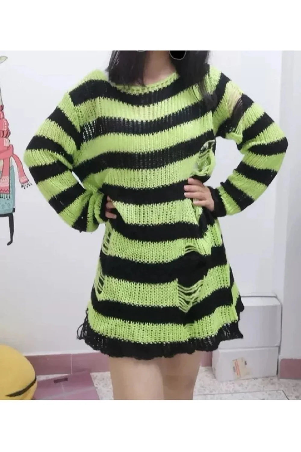 Green Grunge Candy Striped Sweater with edgy stripes.