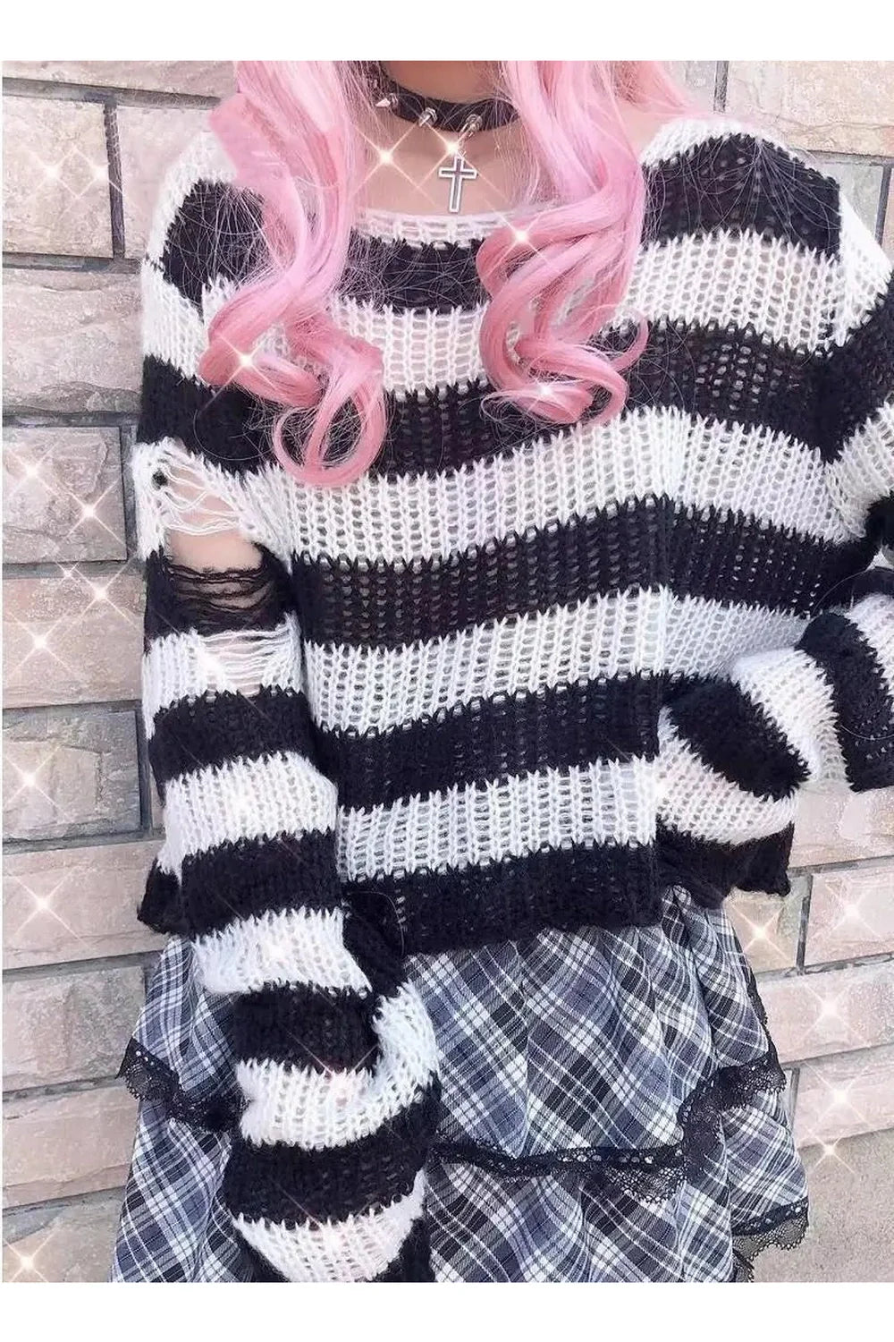 White short Grunge Candy Striped Sweater, stylishly textured.