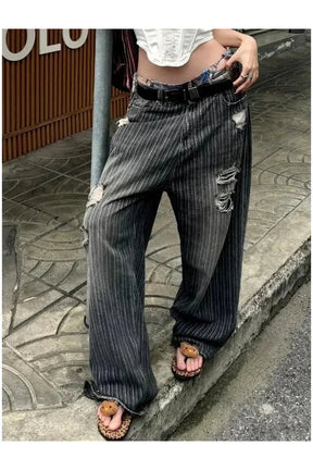 Grunge Distressed Pinstripe Pants in Pic, ruggedly stylish.